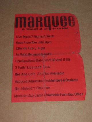 Marquee Club July 1979 Flyer (secret Affair/purple Hearts/chelsea/fall/rutz)
