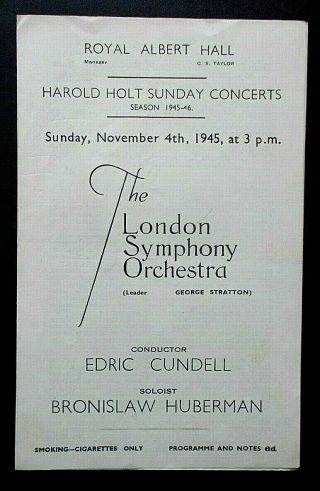 London Symphony Orchestra Programme Royal Albert Hall Sun 4th Nov 1945 Humberman