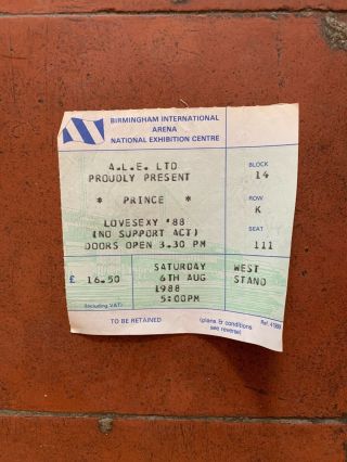 Prince Lovesexy Tour 1988 Birmingham International Arena Ticket Stub 6th August