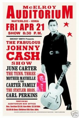 Man In Black: Johnny Cash At Waterloo,  Iowa Concert Poster 1967 15x23
