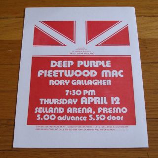 Deep Purple Fleetwood Mac Rory Gallagher 1973 Fresno Concert 8 " X 11 " Handbill