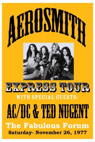 Aerosmith & AC/DC & Ted Nugent at L.  A.  Forum Concert Poster 1977 12x18 2
