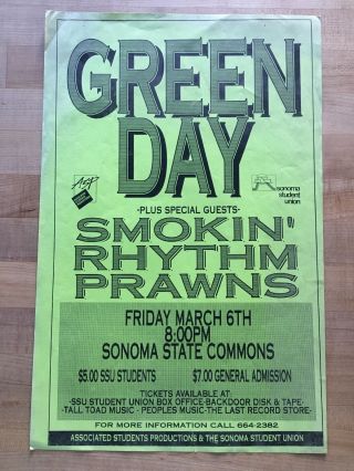 Green Day Concert Poster Smokin’ Rhythm Prawns Sonoma State University 3/6/92