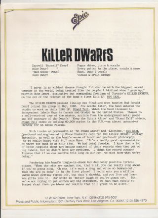 KILLER DWARFS Orig.  1988 Epic Press Kit 8x10 