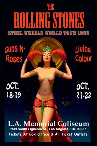 The Rolling Stones & Gnr At Los Angeles Coliseum Concert Poster 1989 2nd Print