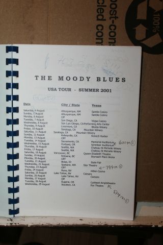 2001 Summer Tour The Moody Blues Concert Itinerary Rare 2