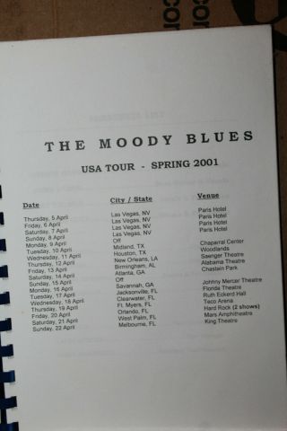 2001 Spring Tour The Moody Blues Concert Itinerary Rare 2
