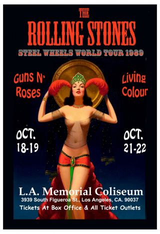 British Rock: The Rolling Stones & Gnr At Los Angeles Concert Poster 1989 13x19