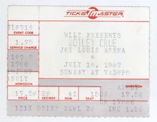 Rare Motley Crue 7/19/87 Detroit Mi Joe Louis Arena Ticket Stub