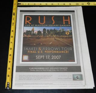 Rush Snakes & Arrows Tour 2007 Msg Nyc Concert Ad Mini Poster Neil Peart Geddy