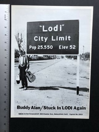 Buddy Allen 1969 11x14.  5 Hit Single “stuck In Lodi Again” Promo Ad