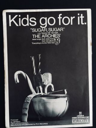 The Archie’s 1969 11x14.  5” Hit Single Promo Ad “sugar Sugar”