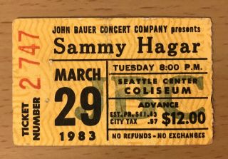 1983 Sammy Hagar / Night Ranger Seattle Concert Ticket Stub Three Lock Box Tour