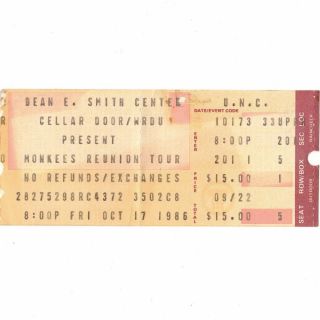 The Monkees Concert Ticket Stub Chapel Hill Nc 10/17/86 Dean Smith Reunion Tour