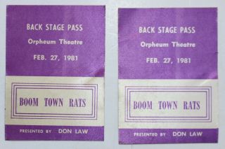 Boom Town Rats 2 Unpeeled Backstage Pass Passes Boston Orpheum 1980