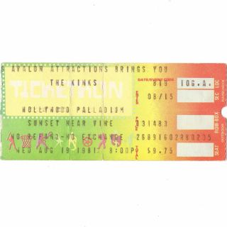 The Kinks & Joe Ely Concert Ticket Stub Los Angeles 8/19/81 Hollywood Palladium