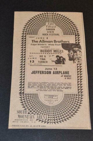 Allman Brothers 1971 Garden State Rock Festival Concert Ad Jefferson Airplane
