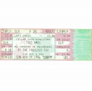 Tori Amos Full Concert Ticket Stub Atlanta Ga 4/14/96 Fox Rare Dew Drop Inn Tour