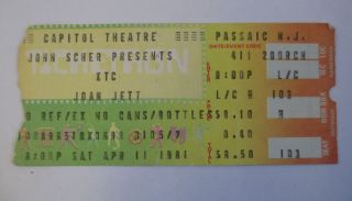 April 11 1981 Joan Jett At Capitol Theatre Jersey Concert Ticket Stub
