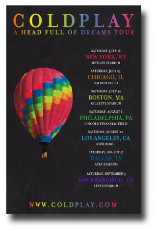 Coldplay Poster - Concert Tour 11 " X17 " Balloon Ships Sameday From Usa