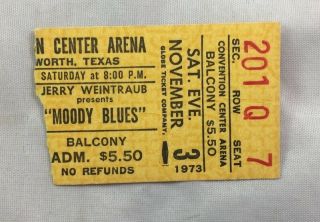 1973 Fort Worth Convention Center Arena Moody Blues Concert Ticket