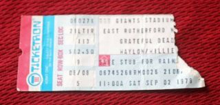 Sept.  2,  1978 The Grateful Dead / Giants Stadium Jersey Concert Ticket Stub