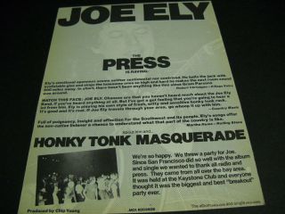Joe Ely Press Is Raving About Honky Tonk Masquerade And Him 1978 Promo Poster Ad