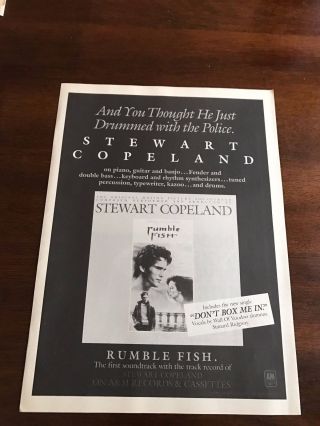1983 Vintage 8x11 Promo Print Ad For Police Drummer Stewart Copeland Rumble Fish