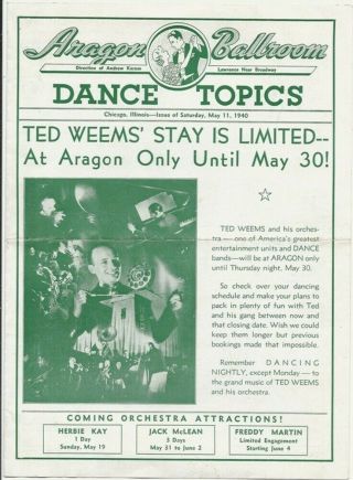 1940 Aragon Ballroom Dance Topics Newsletter Chicago Big Band Weems,  Martin Etc