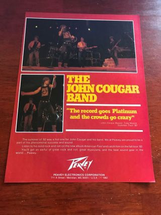 1983 Vintage 8x11 Print Ad For John Cougar Mellencamp Band For Peavey Guitars