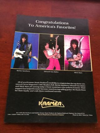 1988 Vintage 8x11 Print Ad For Kramer Guitars Eddie Van Halen,  Mick Mars,  Sambora
