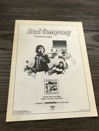 1979 Vintage 8x11 B&w Promo Print Ad For Bad Company " Desolation Angels " Album