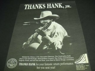 Baton Rouge,  Louisiana Says Thanks Hank Williams Jr.  1989 Promo Poster Ad