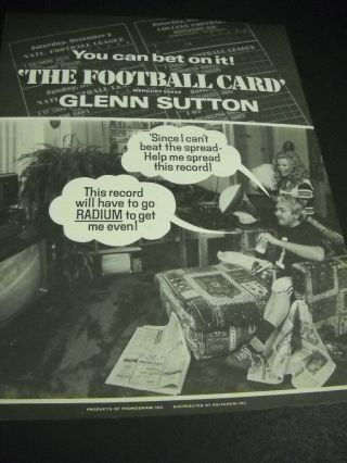 Glenn Sutton The Football Card You Can Bet On It 1978 Promo Poster Ad