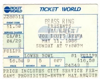 Van Halen May 11 1986 Joe Louis Arena Detroit Mi Vintage Concert Ticket Stub