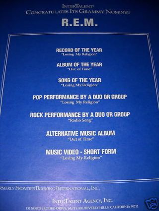 Rem R.  E.  M.  1992 Promo Poster Ad Multi Grammy Nomination