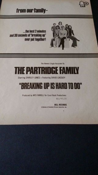 Partridge Family.  " Breaking Up Is Hard To Do " 1972 Promo Poster Ad
