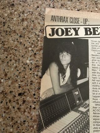 1989 Vintage 1pg Print Article On Band Anthrax Close - Up With Joey Belladonna