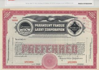 Paramount Famous Lasky Corporation Specimen Stock Certificate 1925 Pass - Co