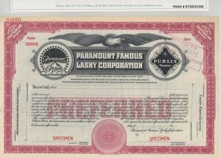 PARAMOUNT FAMOUS LASKY CORPORATION SPECIMEN STOCK CERTIFICATE 1925 PASS - CO 3