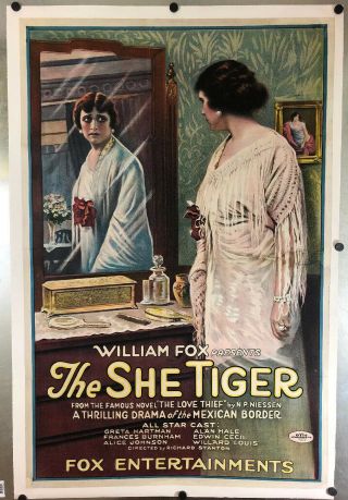 Rare Fox 1916 The Love Thief Greta Hartman Linen Backed Movie Poster