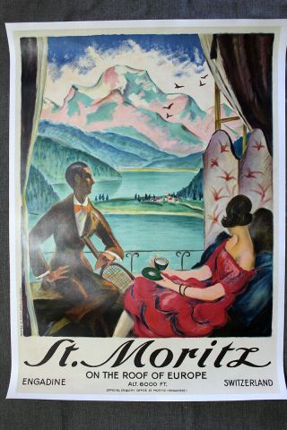St.  Moritz - Art By Hugo Laubi (1934) 28 " X 39.  5 " Swiss Travel Poster Lb
