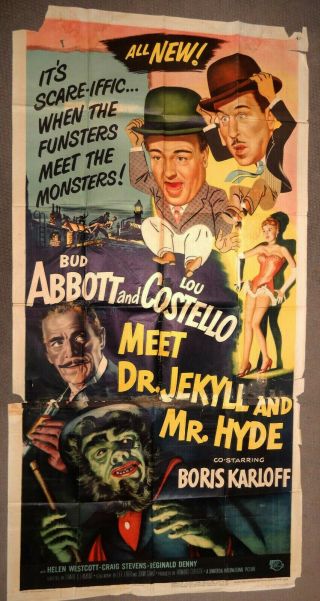 Vintage Movie Poster 1953 Abbott & Costello Meet Dr.  Jekyll.  3 Sheet Universal
