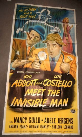 Vintage 3 Sheet Movie Poster 1951 Abbott & Costello Meet The Invisible Man