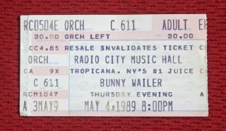 Orig.  May 4,  1989 Bunny Wailer (bob Marley) Reggae Nyc Concert Ticket Stub