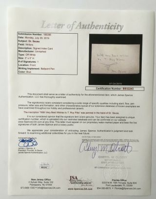 Dr.  Seuss Signed Autographed 3x5 Card Full JSA Letter Theodor Geisel 2
