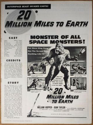 20 Million Miles To Earth,  William Hopper,  Joan Taylor,  1957,  Pressbook 473