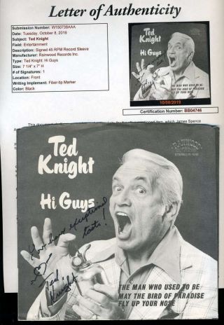 Ted Knight Jsa Loa Hand Signed 45 Record Sleeve W/vinyl Autograph