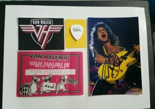 Eddie Van Halen Framed Signed 4x6 Autographed Photo,  Guitar Pick Vip Pass
