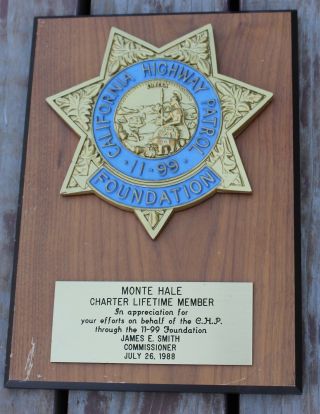 Rare Monte Hale Western Actor California Highway Patrol Lifetime Member Award
